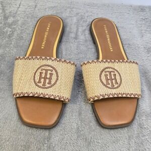 Tommy Hilfiger Womens Raffia Logo Slide Sandals Tan Brown Gold Trim Size 7M